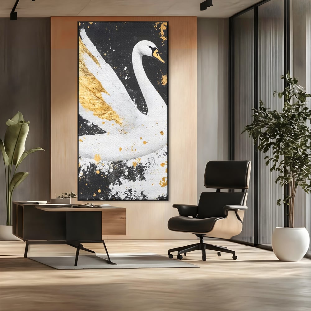 Tablou canvas cu tablou canvas cu lebada si auriu, in rama de aluminiu negru, pe perete intr-un birou